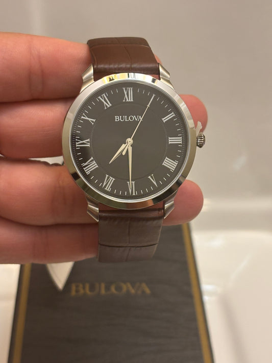Bulova Classic 96A184 Men’s Black Dial Roman Numeral Brown Leather Watch