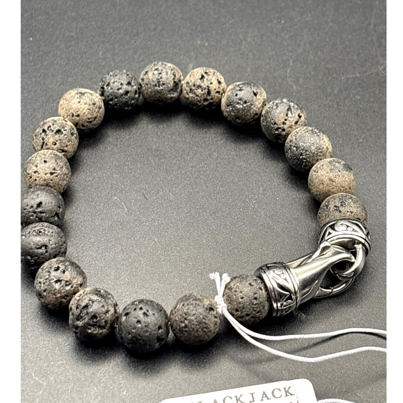 Blackjack Men’s 10mm Lava Stone Stainless Steel Beaded Bracelet NIBWT