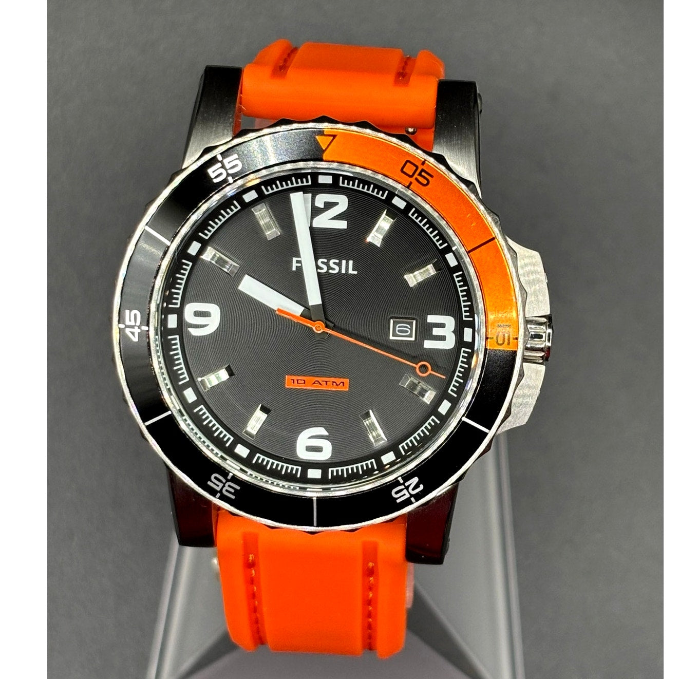 Fossil Sport AM4259 Dive Style Orange Silicone Strap Men’s Watch 46mm 10 ATM NIB
