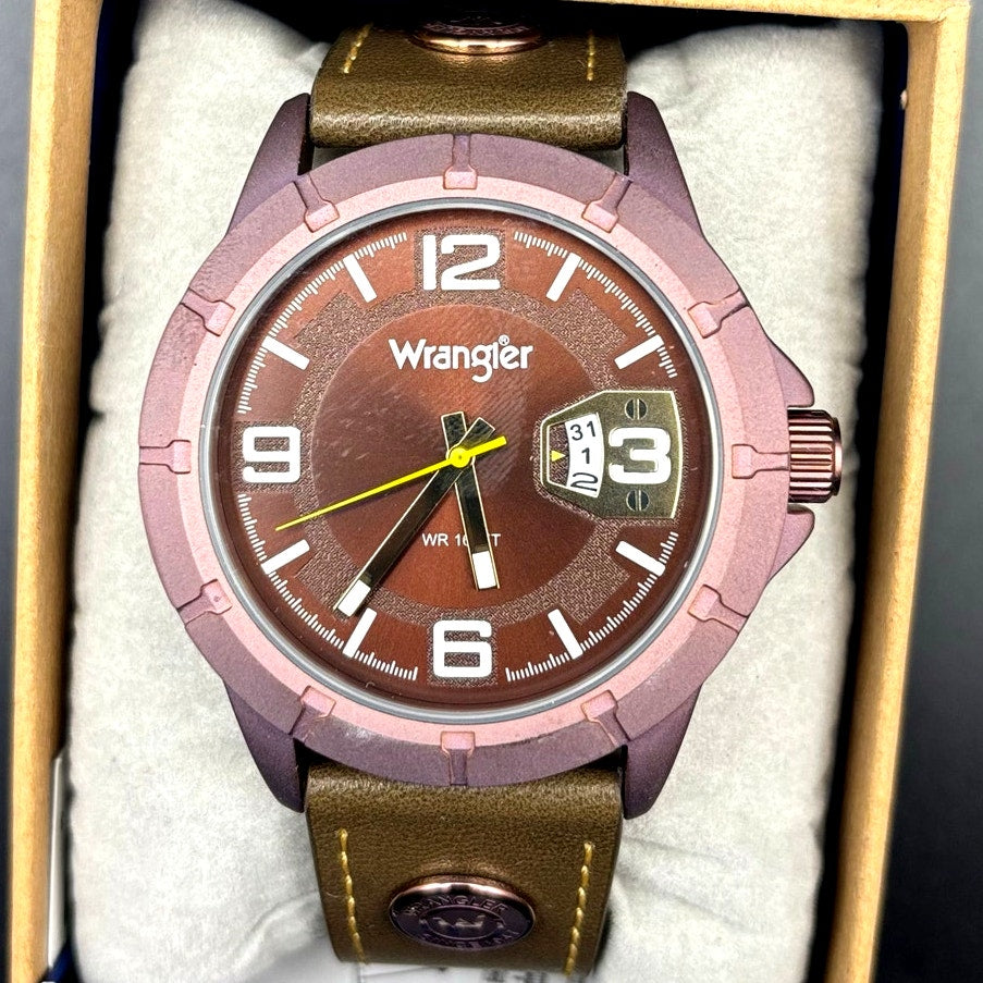 Wrangler WRW5001-5BR Men’s Purple Dial Watch Olive Brown Leather Strap NIBWT