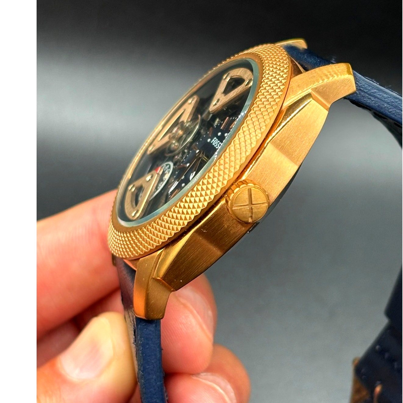 Fossil ME1158 Machine Twist Hybrid Rose Gold Blue Leather Men's Watch 45mm
