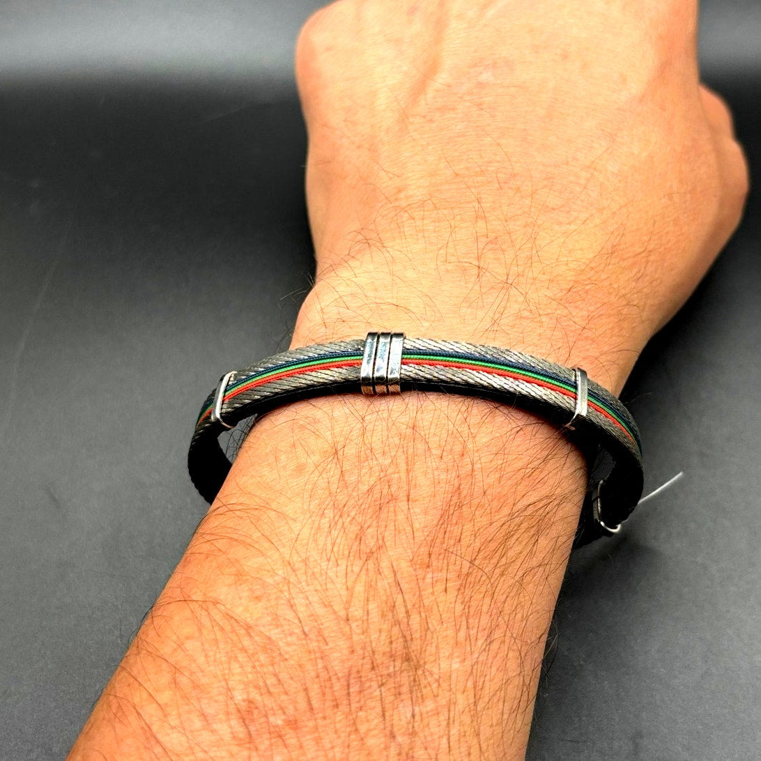 AMEN Italian Stainless Steel Cable Men's Bracelet Leather Red Green Blue NWT