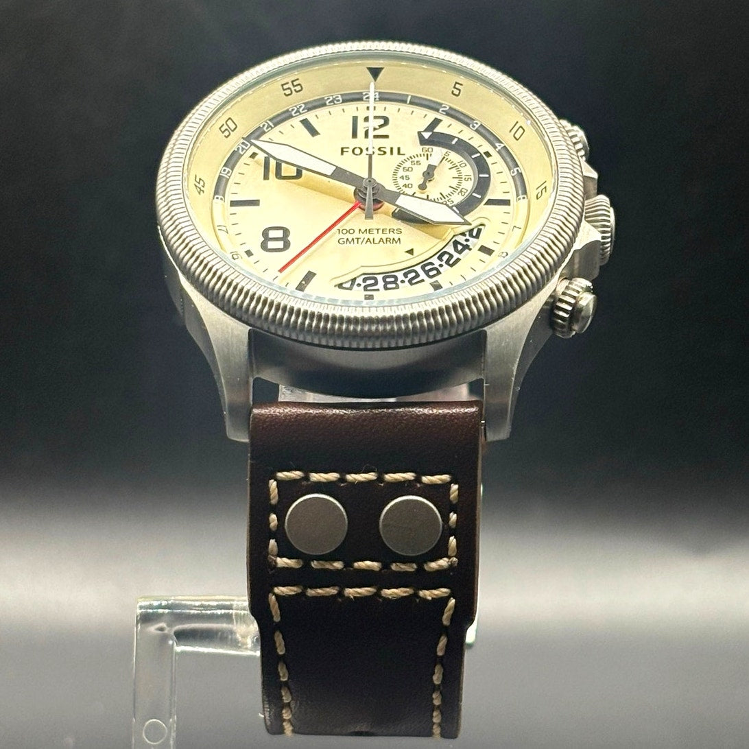 Fossil FS5043 Recruiter GMT Alarm Cream Dial Leather Strap Men’s 44mm Watch