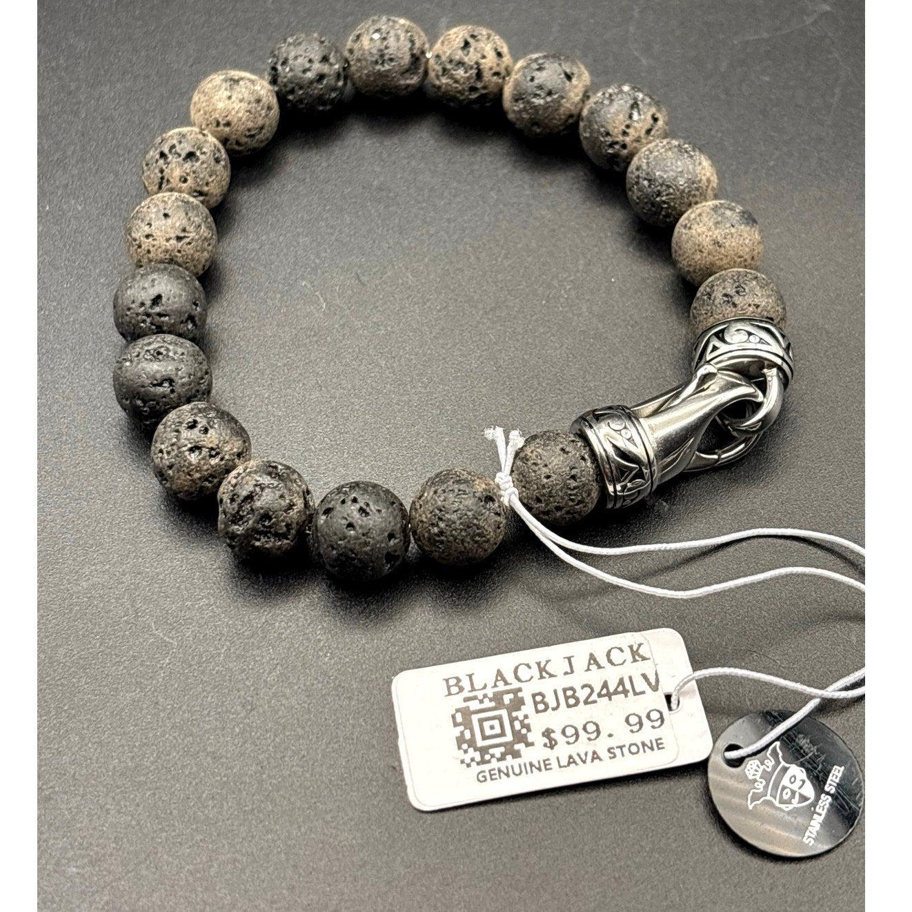 Blackjack Men’s 10mm Lava Stone Stainless Steel Beaded Bracelet NIBWT