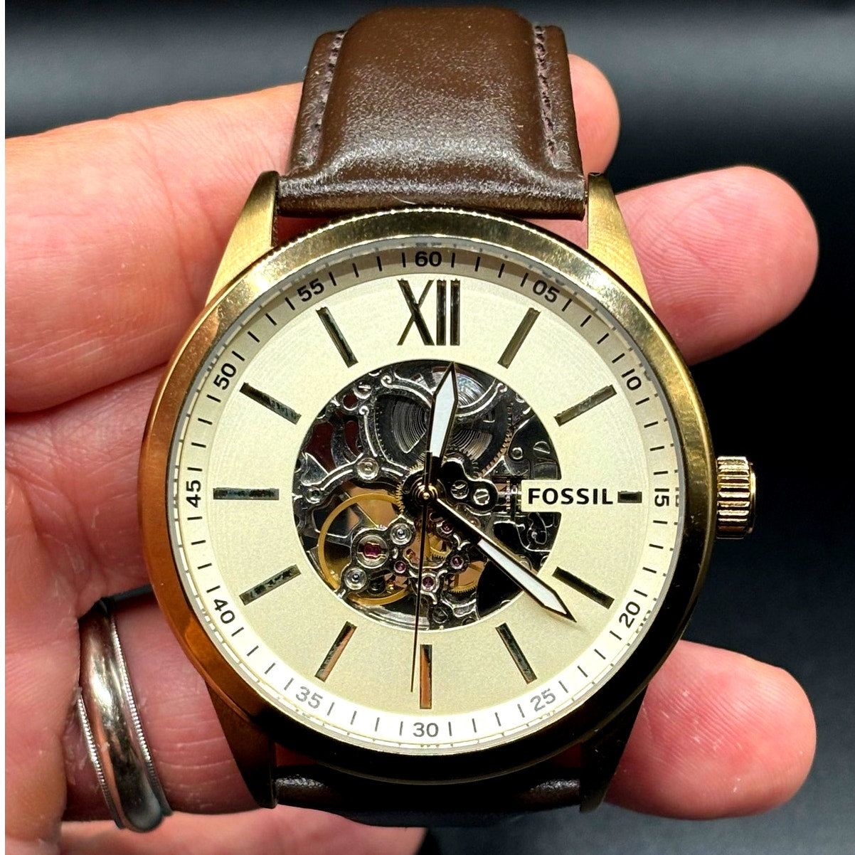 Fossil Flynn BQ2382 Automatic Men's Watch Skeleton Dial Leather Strap 48mm