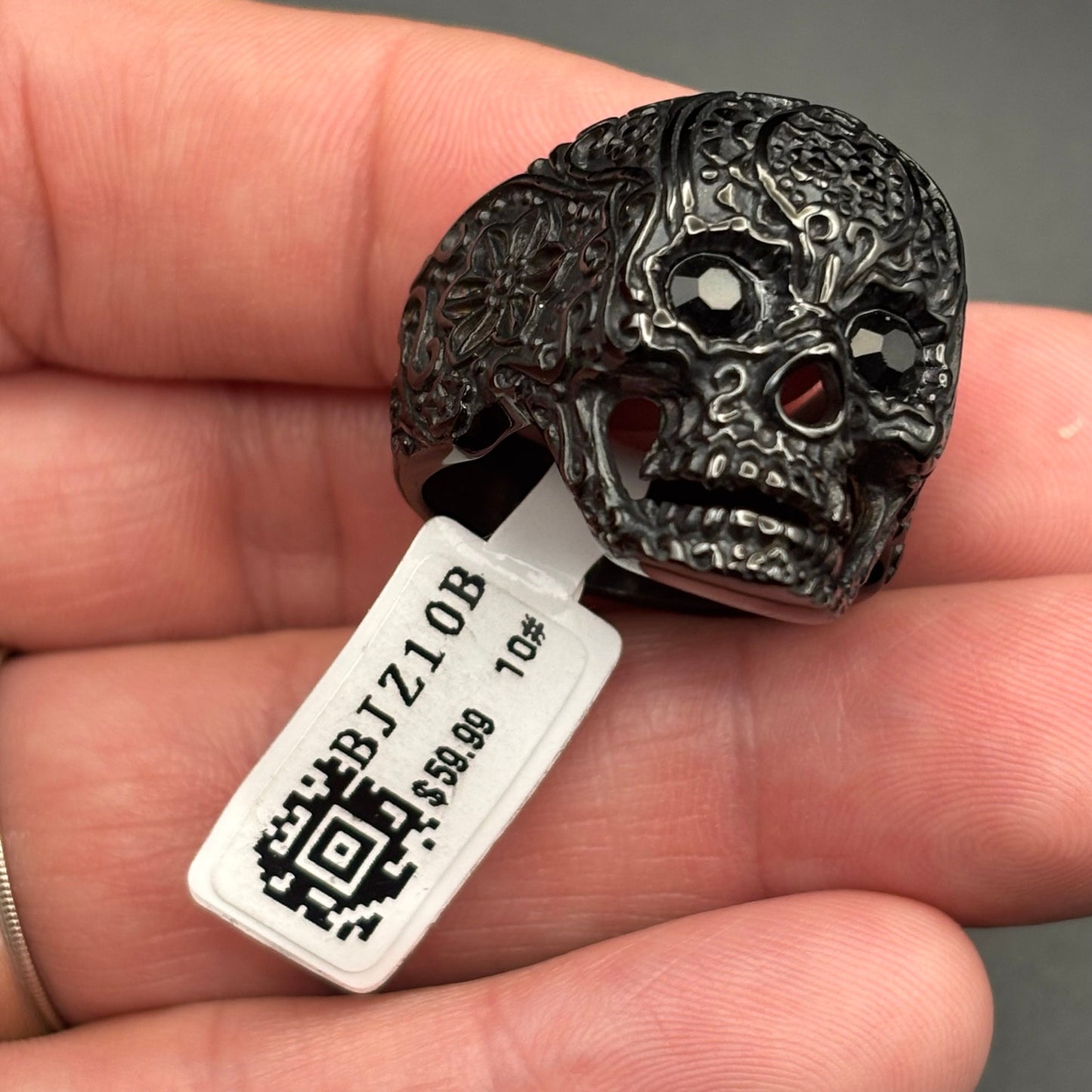 Blackjack BJZ10B Mens Skull Ring Black Stainless Steel with Black CZ Eyes Size10