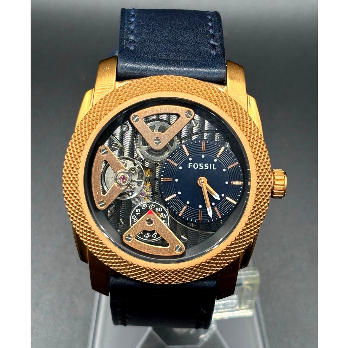 Fossil ME1158 Machine Twist Hybrid Rose Gold Blue Leather Men's Watch 45mm