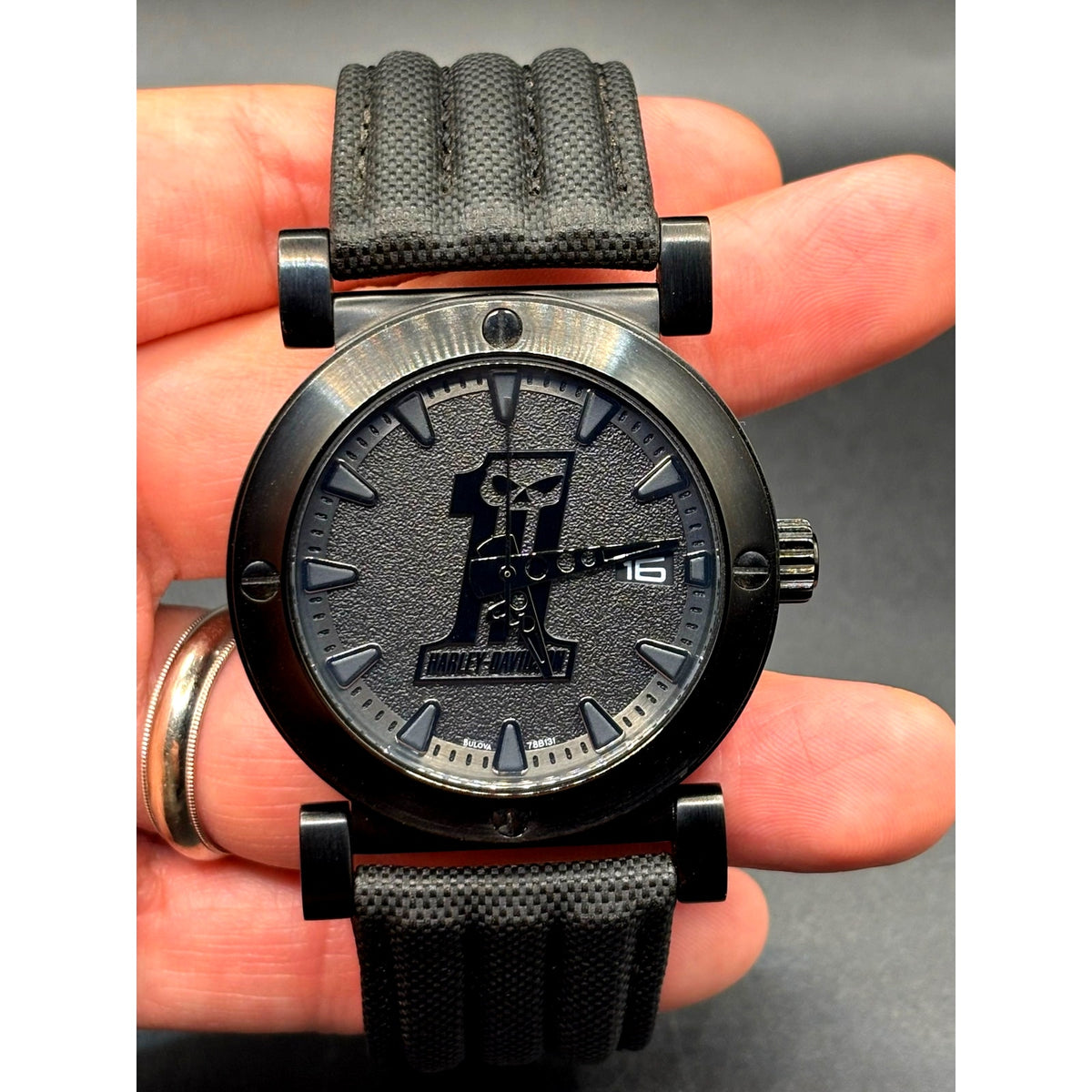 Harley-Davidson Bulova 78B131 Black #1 Racing Skull 44mm Watch Discontinued