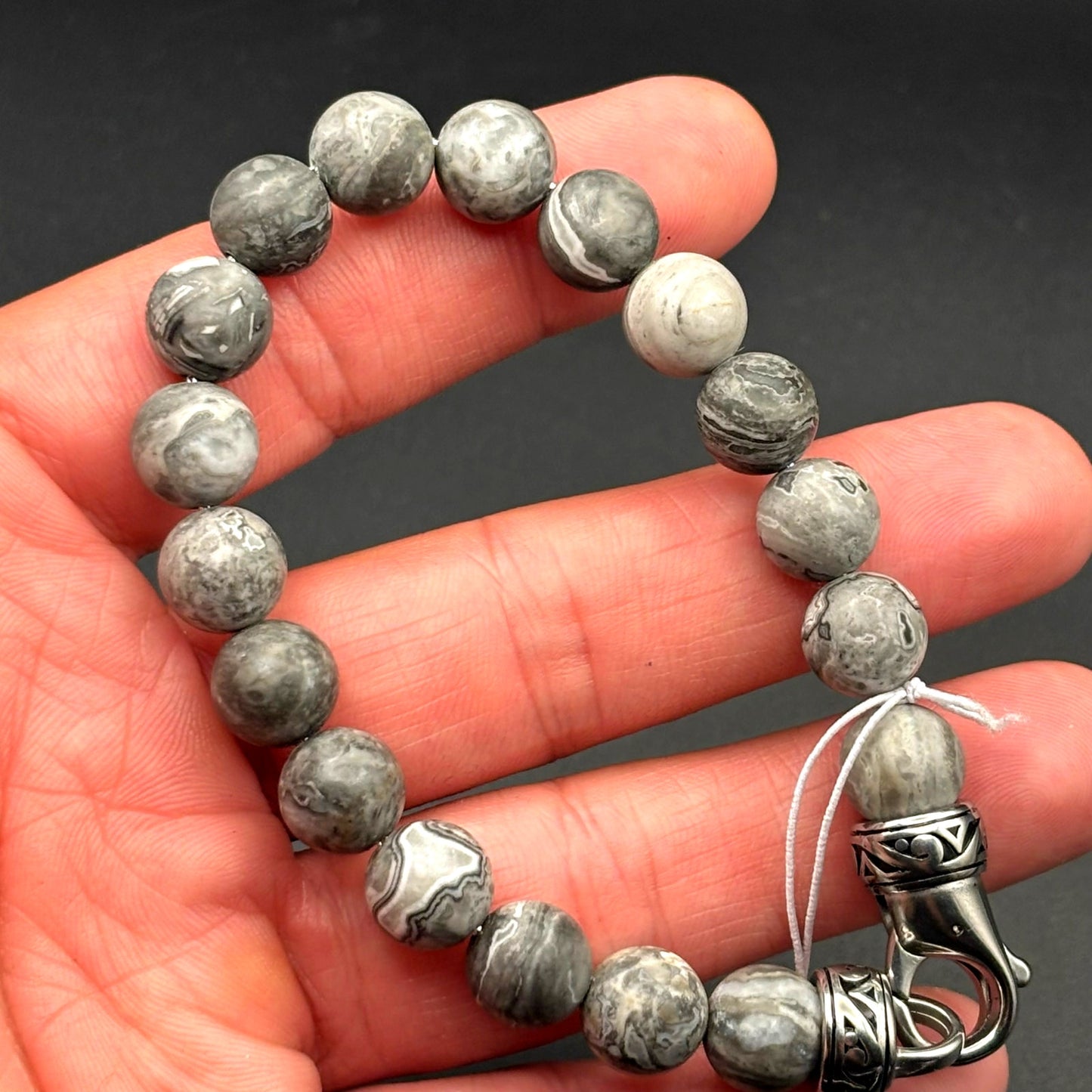 Blackjack BJB244BJ Men’s 10mm Gray Jasper Stainless Steel Beaded Bracelet NWT