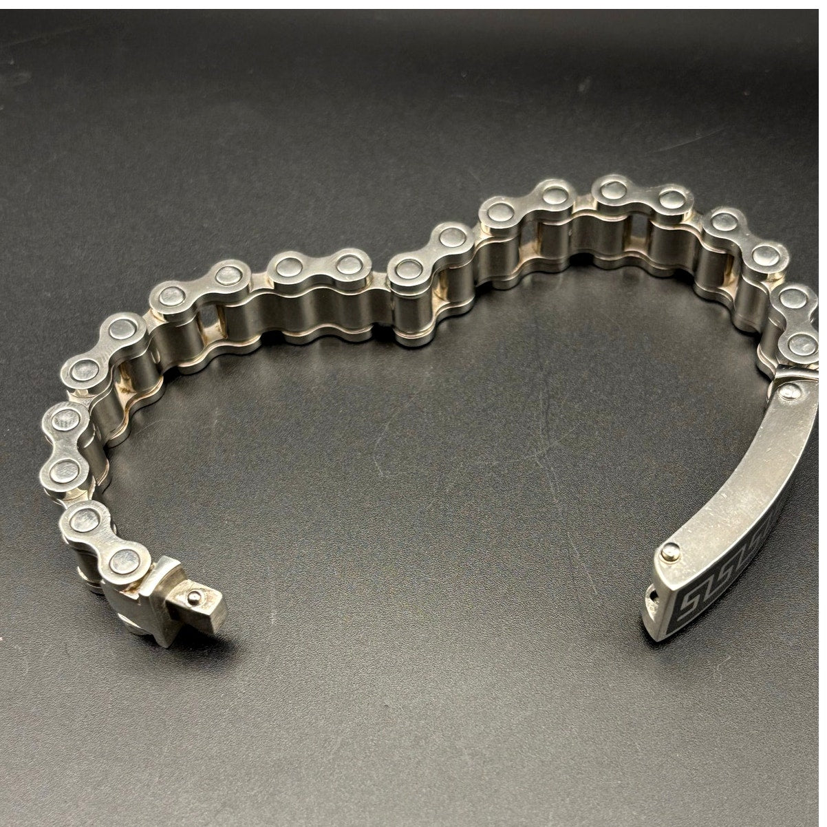 Mens Stainless Steel Chain Bracelet Black Onyx Inlay Greek Key New In Box