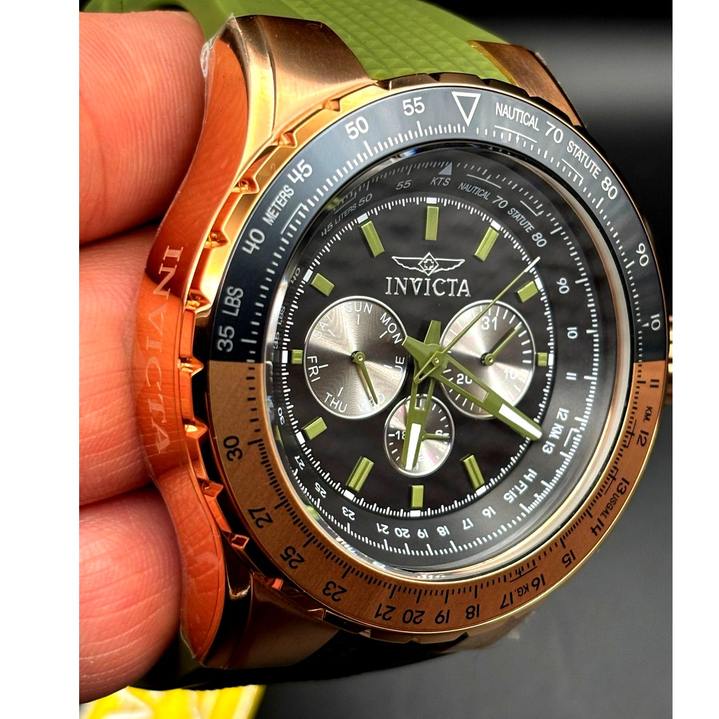 Invicta Aviator Skyshock 39311 50mm Men's Gold Green Silicone Strap Watch NIBWT