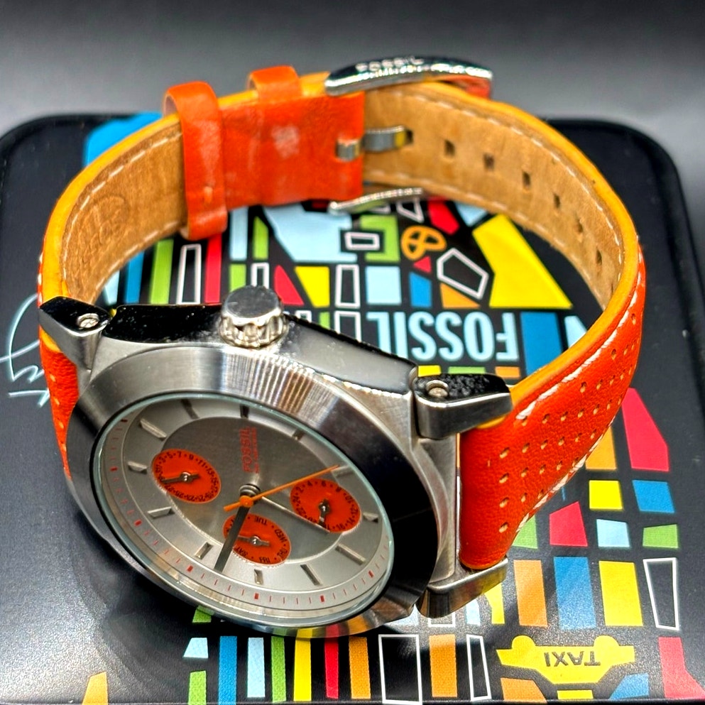 Fossil Boyfriend BQ9355 Multifunction Silver Orange Dial Leather Watch 50M