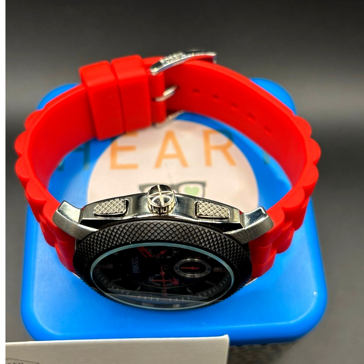 Fossil FS4598 Machine Chronograph Men’s Silver Red Silicone Strap Watch