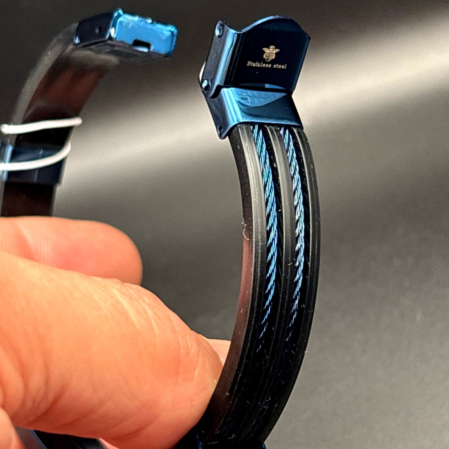 Blackjack BJB251BL Mens Blue Silicone Black Stainless Steel  Bangle ID Bracelet