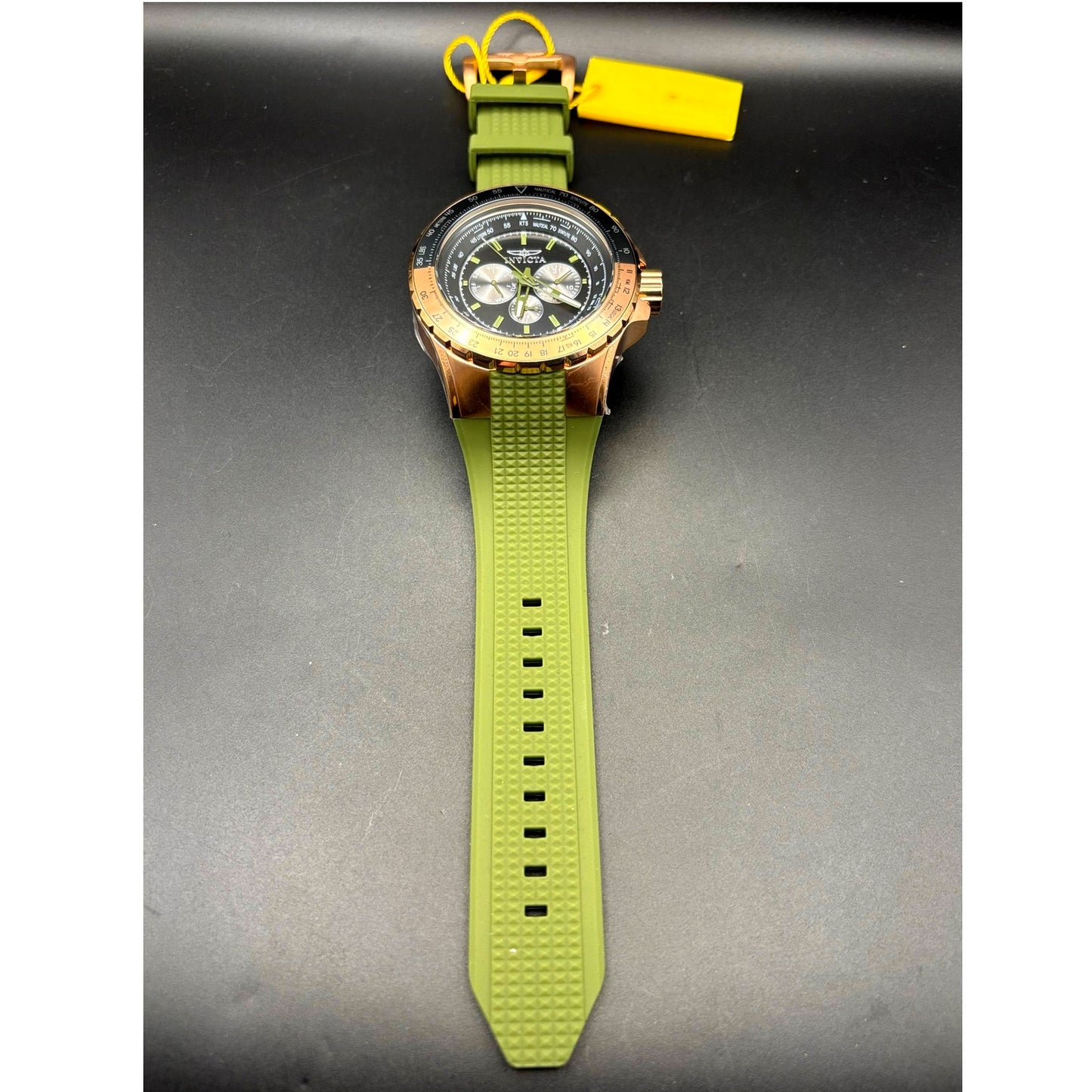 Invicta Aviator Skyshock 39311 50mm Men's Gold Green Silicone Strap Watch NIBWT
