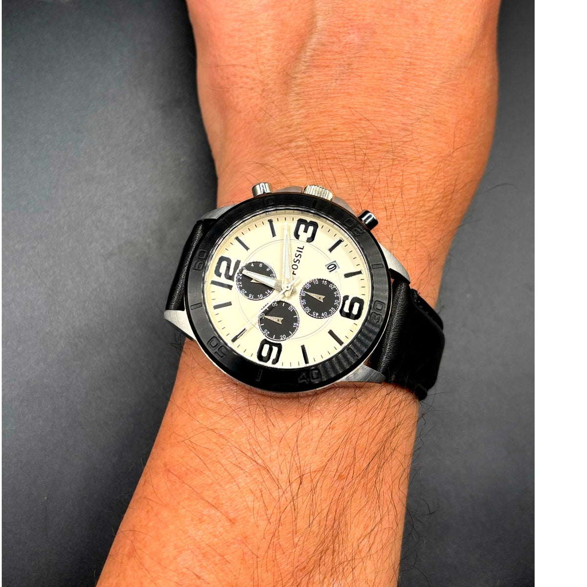 Fossil BQ2165 Chronograph Cream Dial Black Leather Men’s 45mm Watch