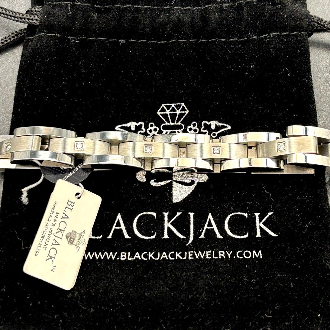 Blackjack BJB49T Men's Curved Link Stainless Steel Bracelet Cubic Zirconia NIBWT