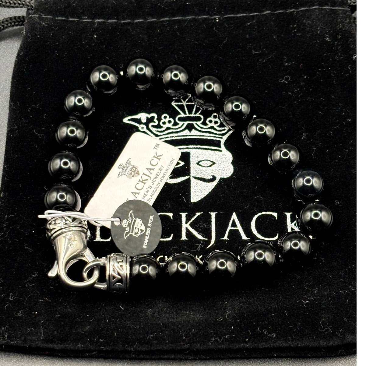Blackjack BJS244BSO Men's Black Onyx Beaded Bracelet Stainless Steel NIBWT
