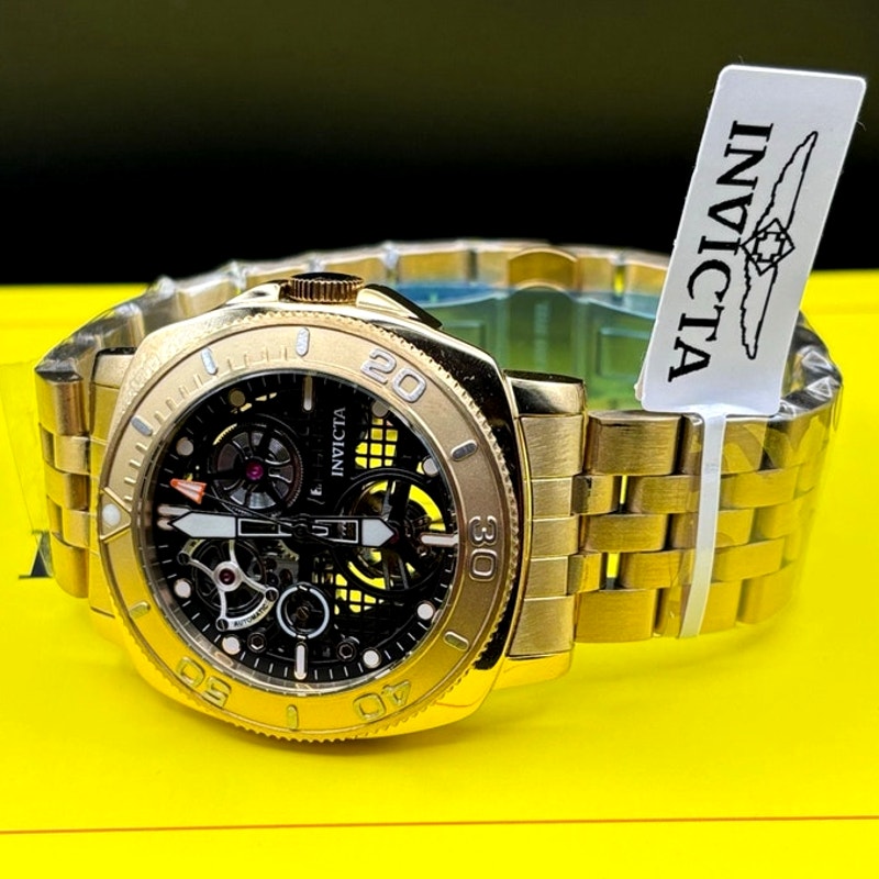 Invicta 69465 Sea Hunter Automatic Skeleton Dial Gold Tone Mens Watch 44mm NIBWT