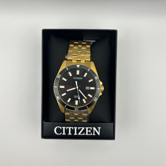 Citizen BI5052-59E Mens 42mm Gold Tone Stainless Steel Black Dial Quartz NIBWT