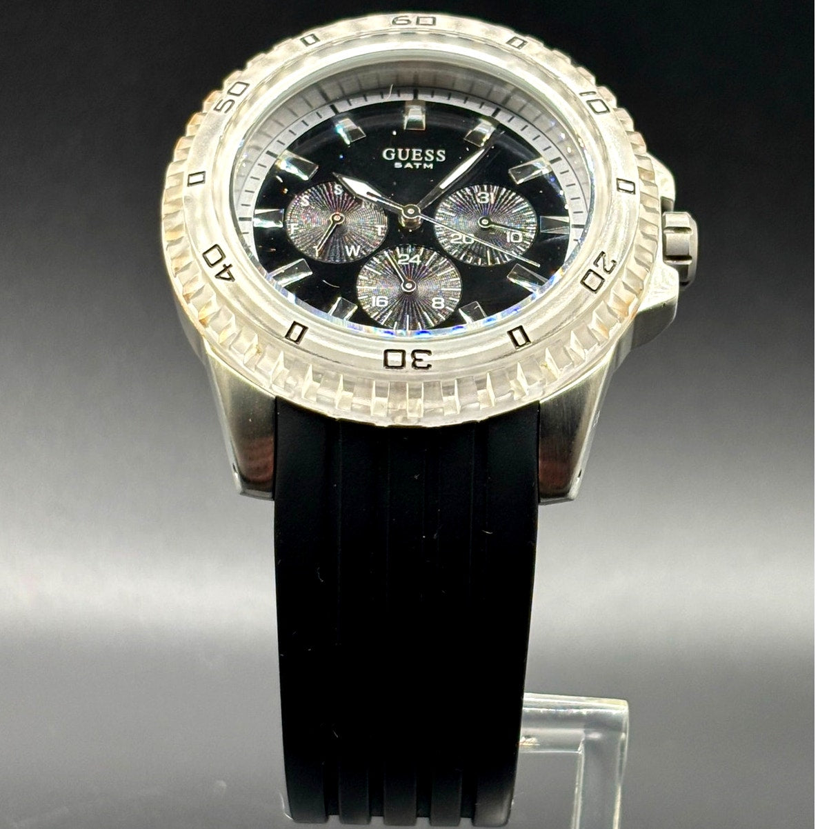 GUESS W85027G3 Men's Multifunction Clear Bezel Black Silicone Strap 44mm Watch