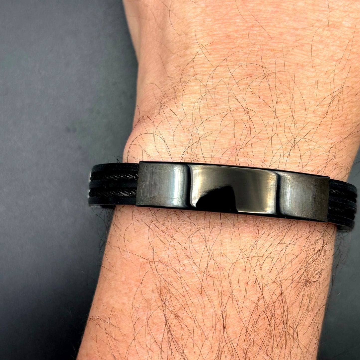 Blackjack BJB251B Men's Black Silicone Stainless Steel Bangle ID Bracelet NWT