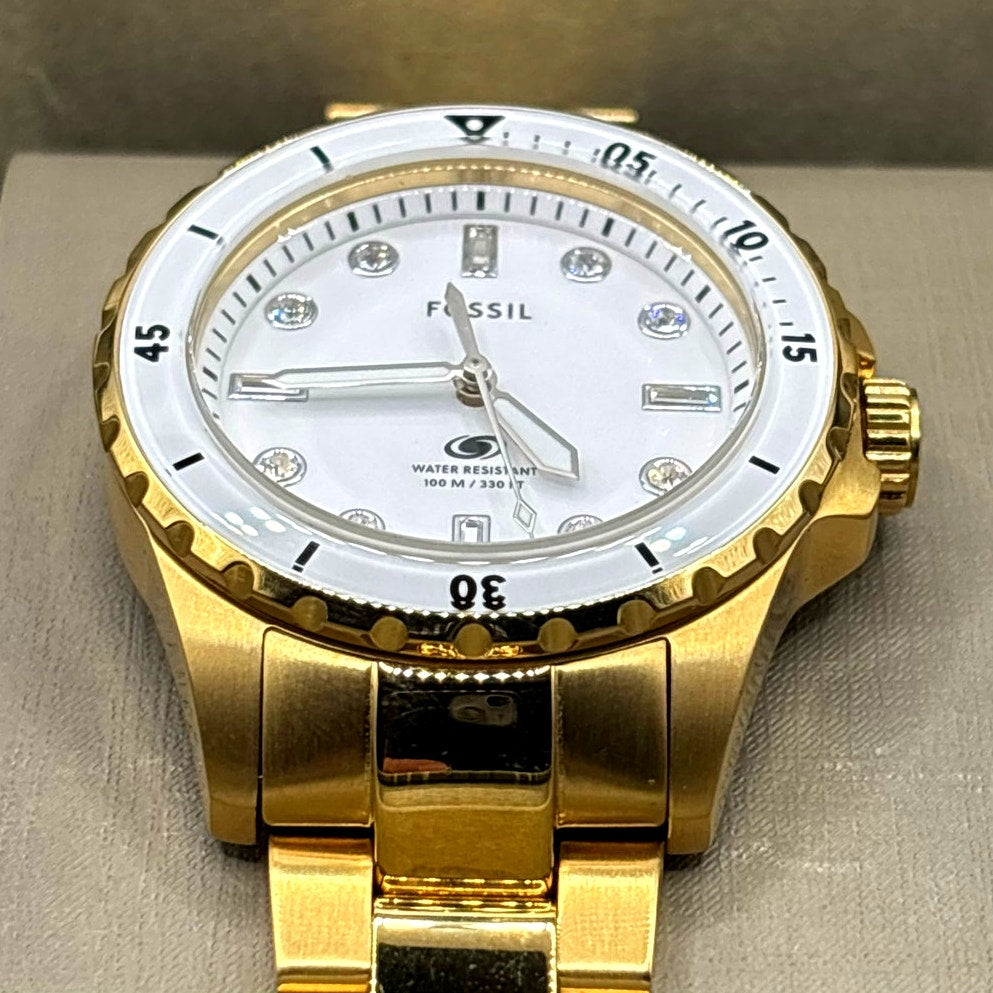 Fossil ES5350 Blue Dive Women’s White Dial Gold Tone Stainless Steel 36mm Watch
