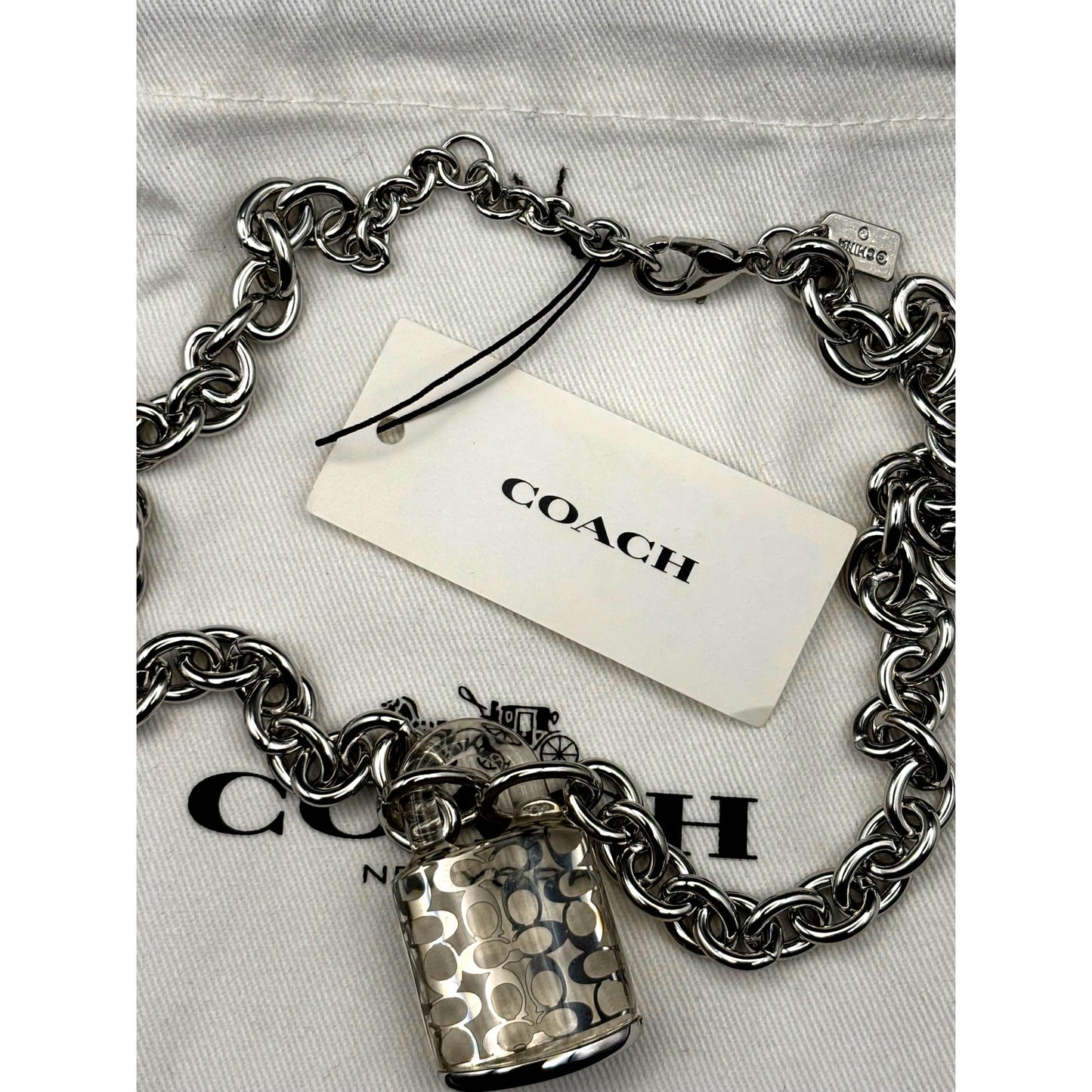 Coach Signature Lucite Padlock Pendant Women's 16” Necklace Silver Tone NWT