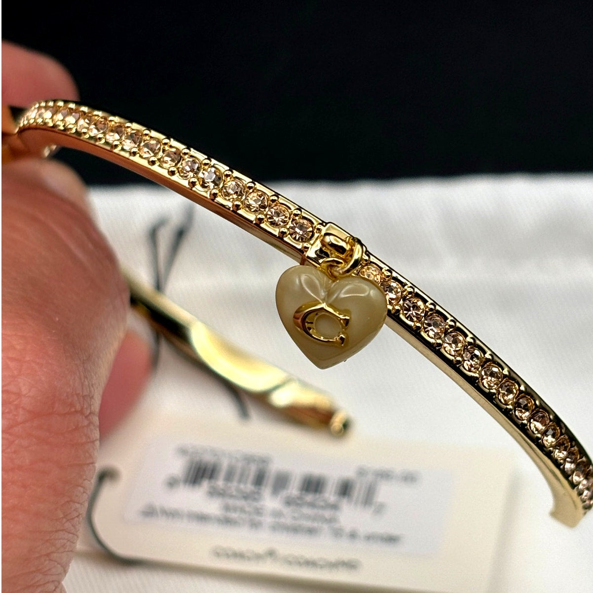 Coach Gold-Tone Stone Heart Charm Bangle Women’s Bracelet NWT Gift Ready