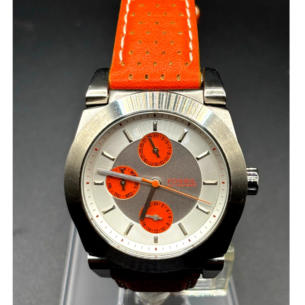 Fossil Boyfriend BQ9355 Multifunction Silver Orange Dial Leather Watch 50M