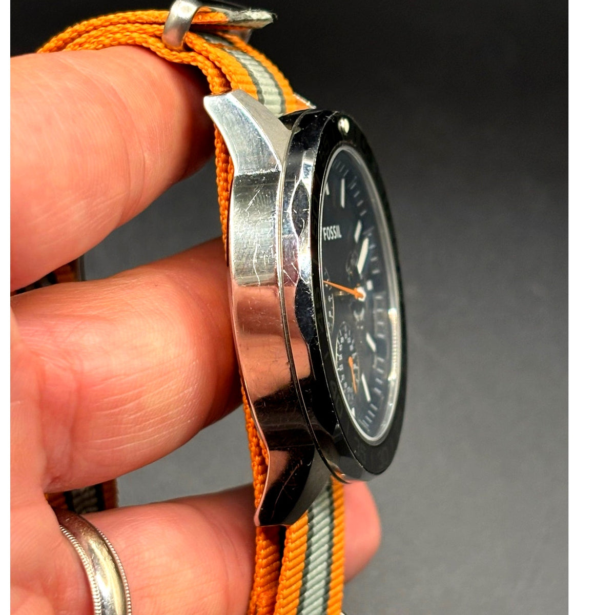 Fossil Bannon BQ2677 Multifunction Black Dial Orange Green Nylon Mens Watch 45mm