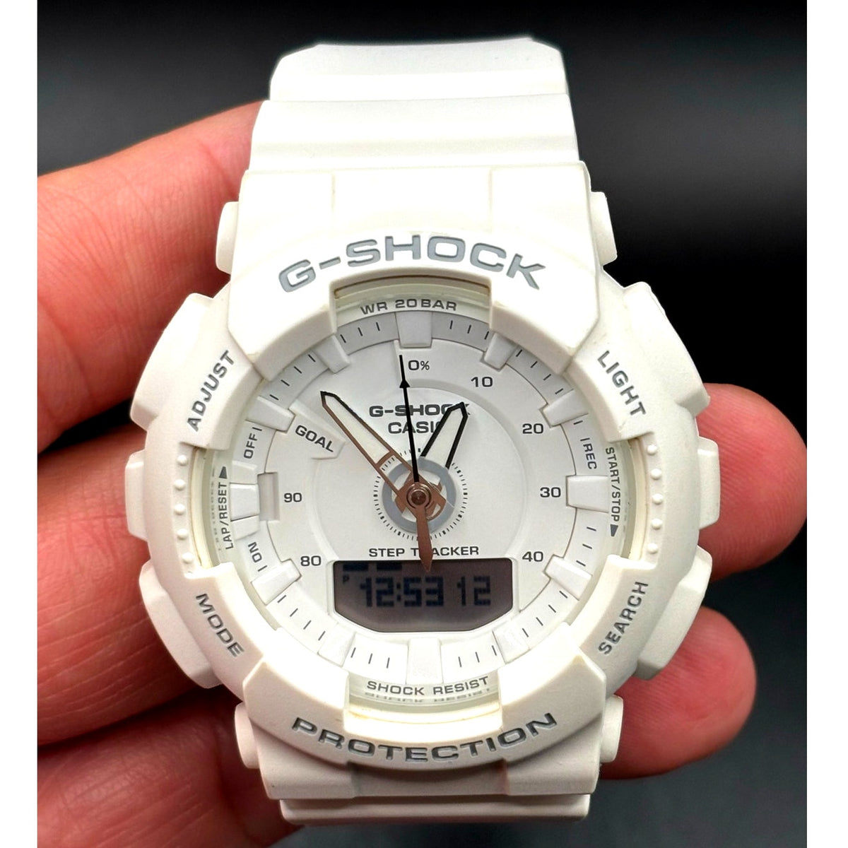Casio G-Shock GMAS130-7A Unisex White Analog Digital Step Tracker Watch