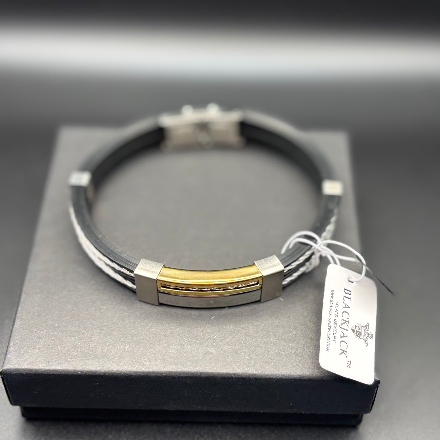 Blackjack BJB11G Mens Black Silicone Gold Stainless Steel Wire Bangle Bracelet