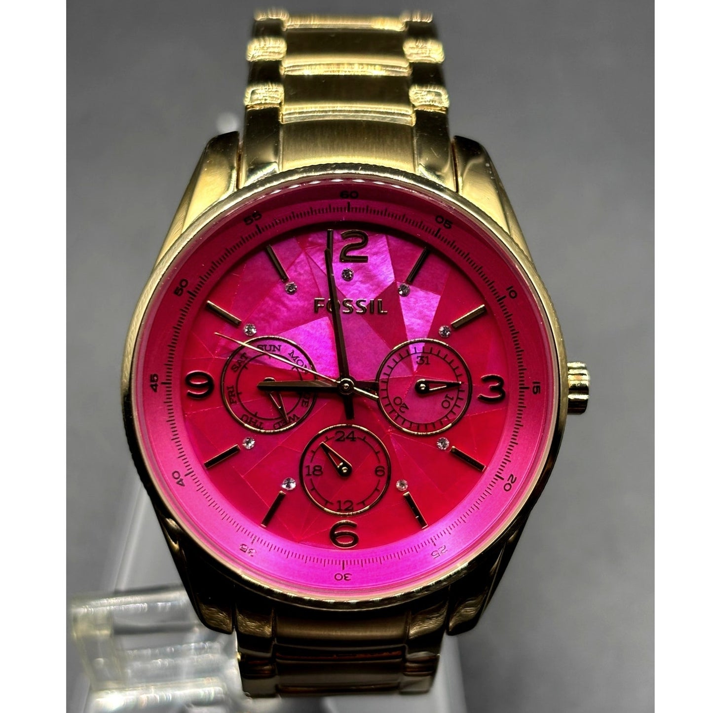 FOSSIL BQ1682 Stella Collection Hot Pink Dial Golden Bracelet Women's Watch