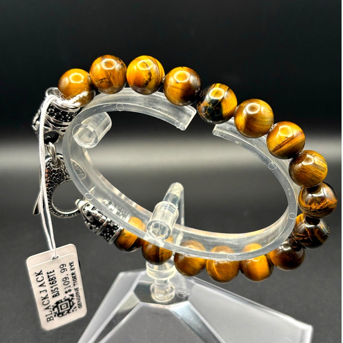 Blackjack BJS16BTE Men's Genuine 10mm Tiger Eye Stainless Steel Beaded Bracelet