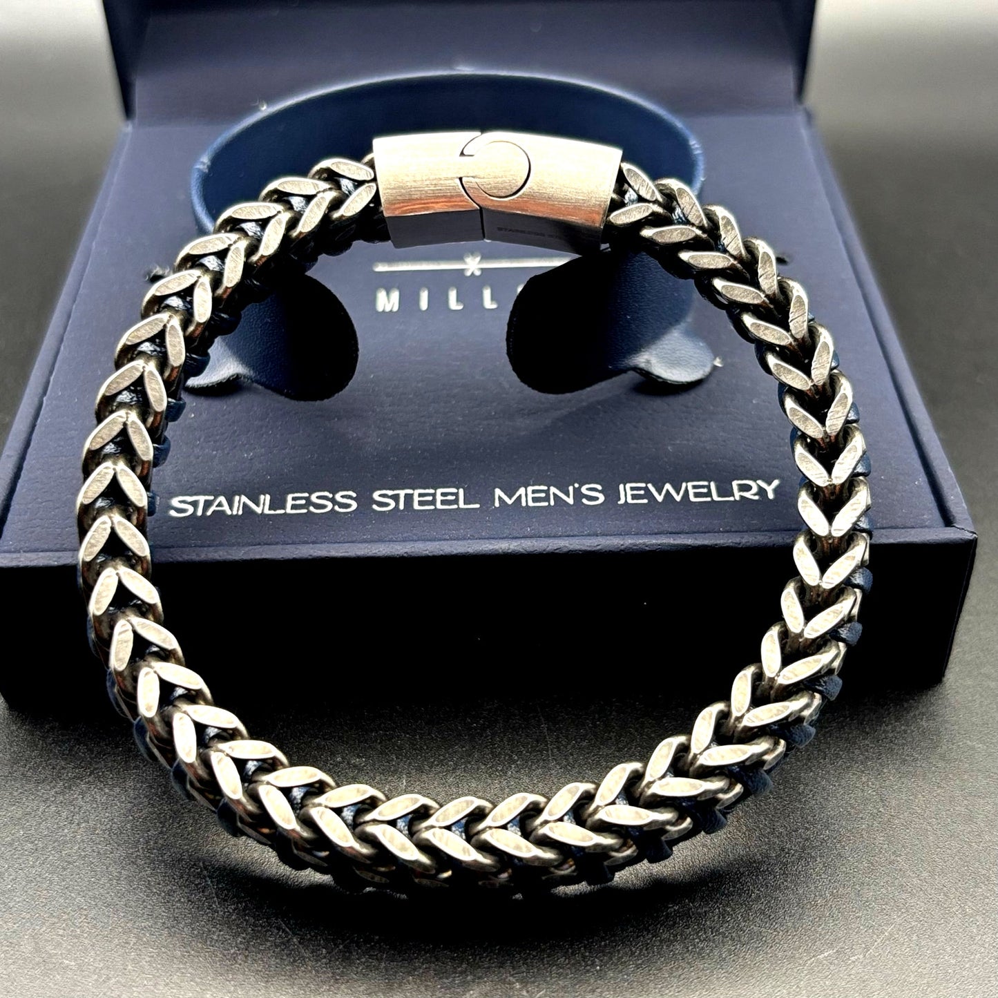 Bain Miller Mens Stainless Steel Blue Leather Woven Bracelet Slide Lock Clasp