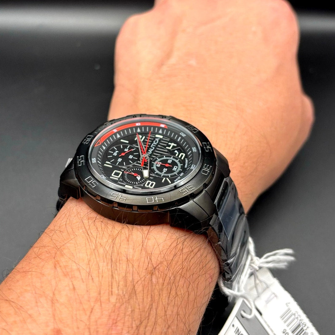 Nautica NAPNS305 Mens Chronograph Recycled Stainless Steel Bracelet Watch NIBWT