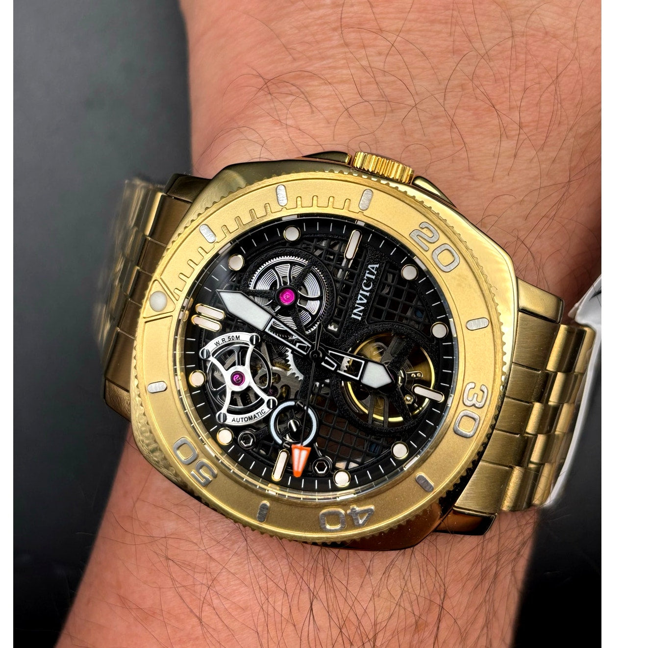 Invicta 69465 Sea Hunter Automatic Skeleton Dial Gold Tone Mens Watch 44mm NIBWT