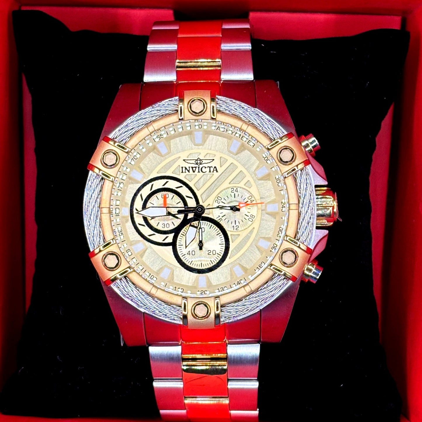 Invicta Bolt Ace 49747 Chronograph 52mm Gold Tone Cable Bezel Men’s Watch NIBWT