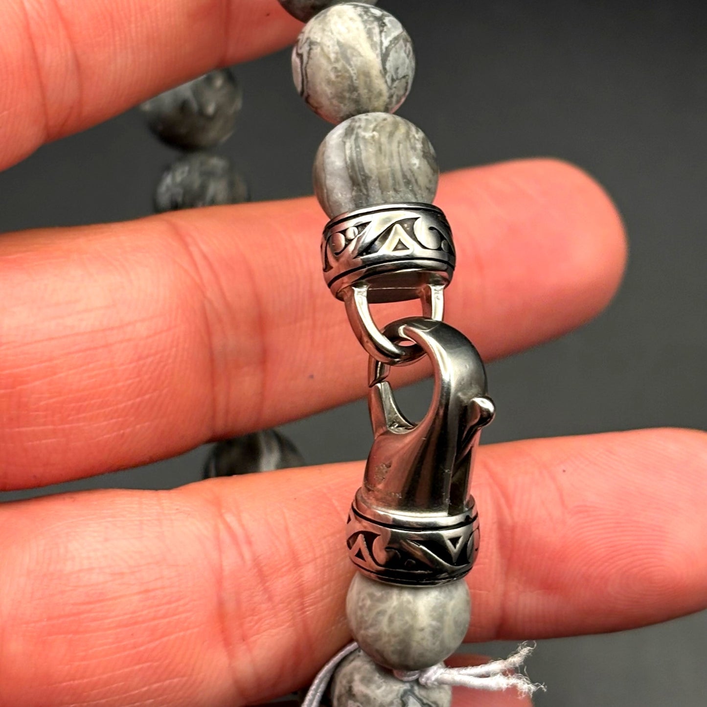 Blackjack BJB244BJ Men’s 10mm Gray Jasper Stainless Steel Beaded Bracelet NWT