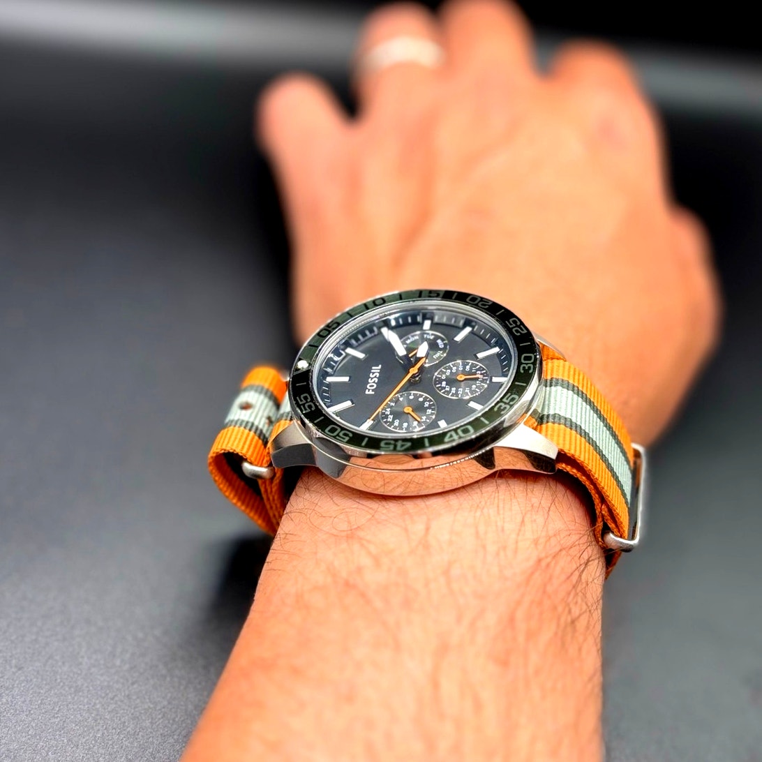 Fossil Bannon BQ2677 Multifunction Black Dial Orange Green Nylon Mens Watch 45mm