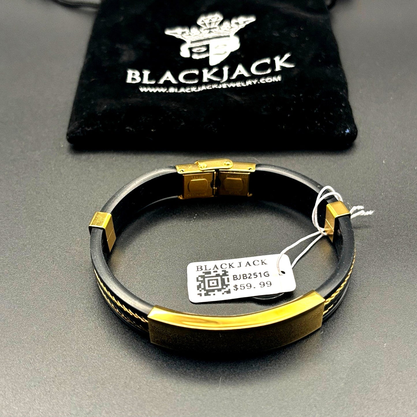 Blackjack BJB251G Mens Black Silicone Gold Stainless Steel Wire Bangle Bracelet