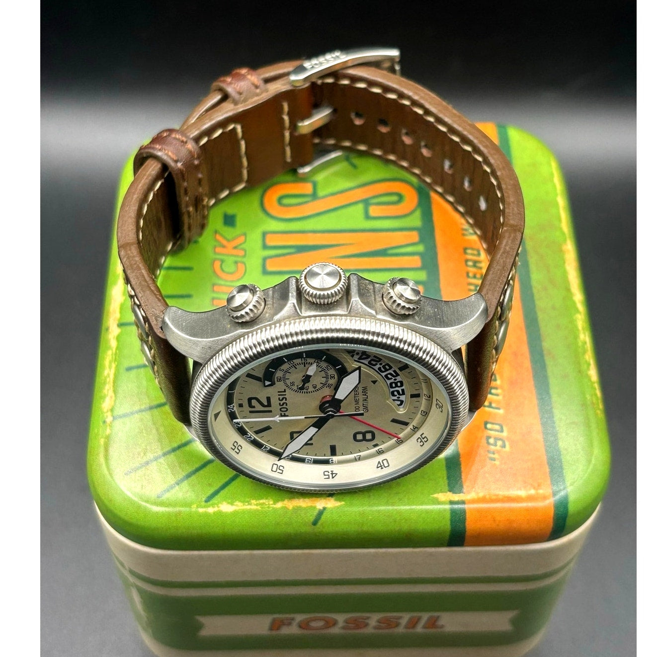 Fossil FS5043 Recruiter GMT Alarm Cream Dial Leather Strap Men’s 44mm Watch