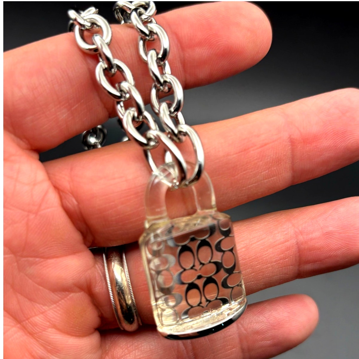 Coach Signature Lucite Padlock Pendant Women's 16” Necklace Silver Tone NWT