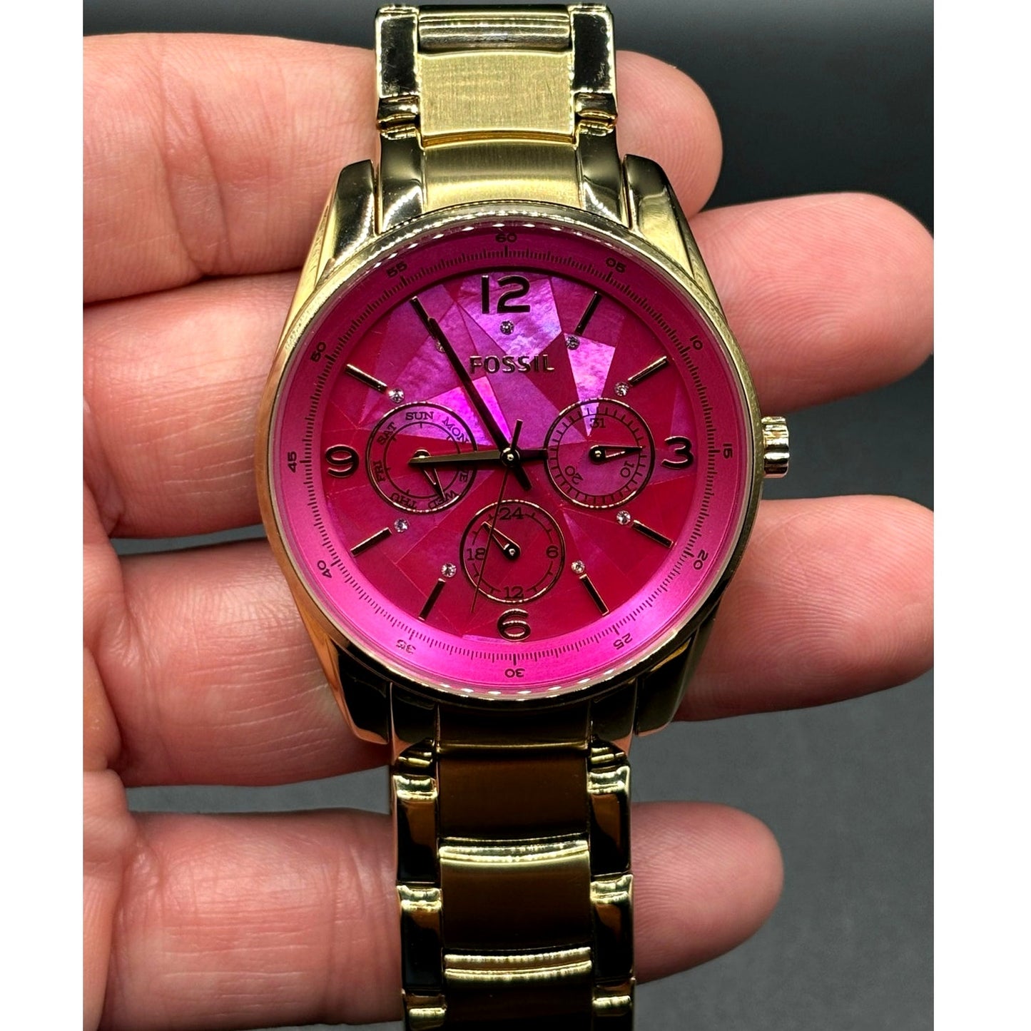 FOSSIL BQ1682 Stella Collection Hot Pink Dial Golden Bracelet Women's Watch