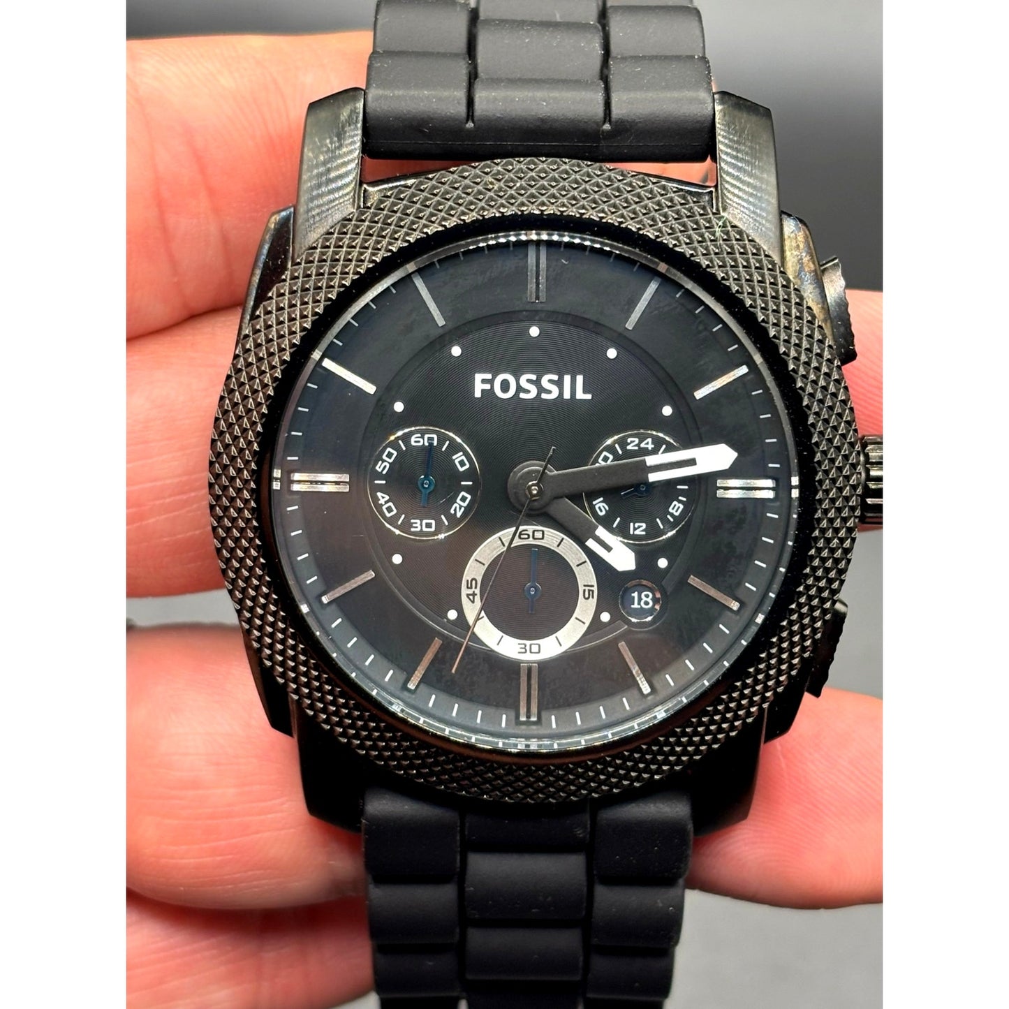 Fossil FS4487 Machine Chronograph Men’s Gunmetal Black Silicone Strap Watch