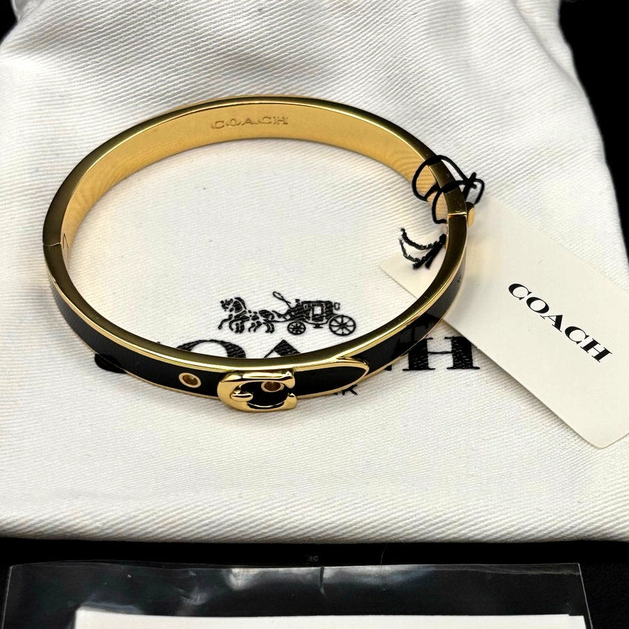 Coach 408104GLD001 Thin Enamel Signature Push Hinged Bangle Gold/Black NWT