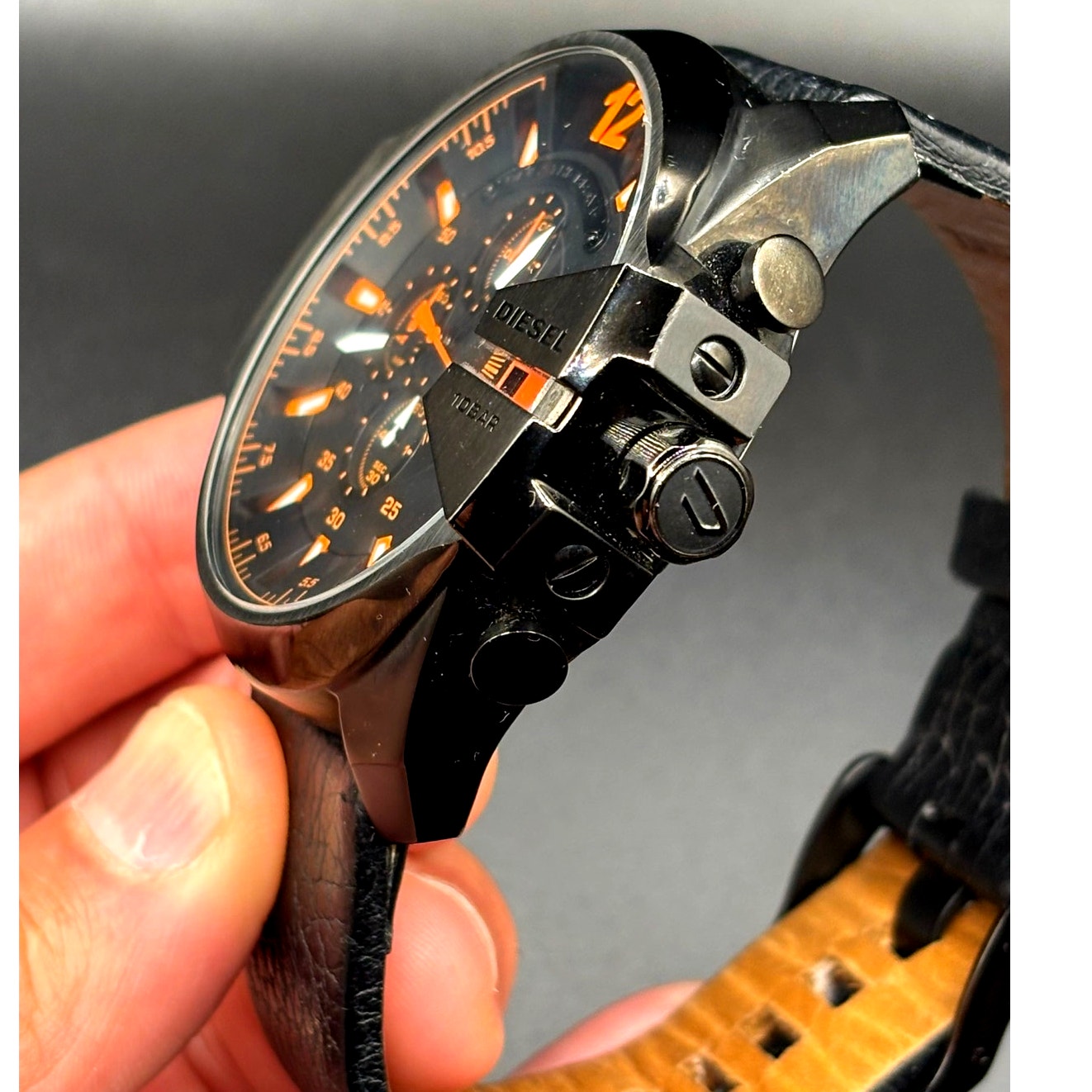 Diesel Mega Chief DZ4291 Black Orange Chronograph Leather Men's Watch 51mm
