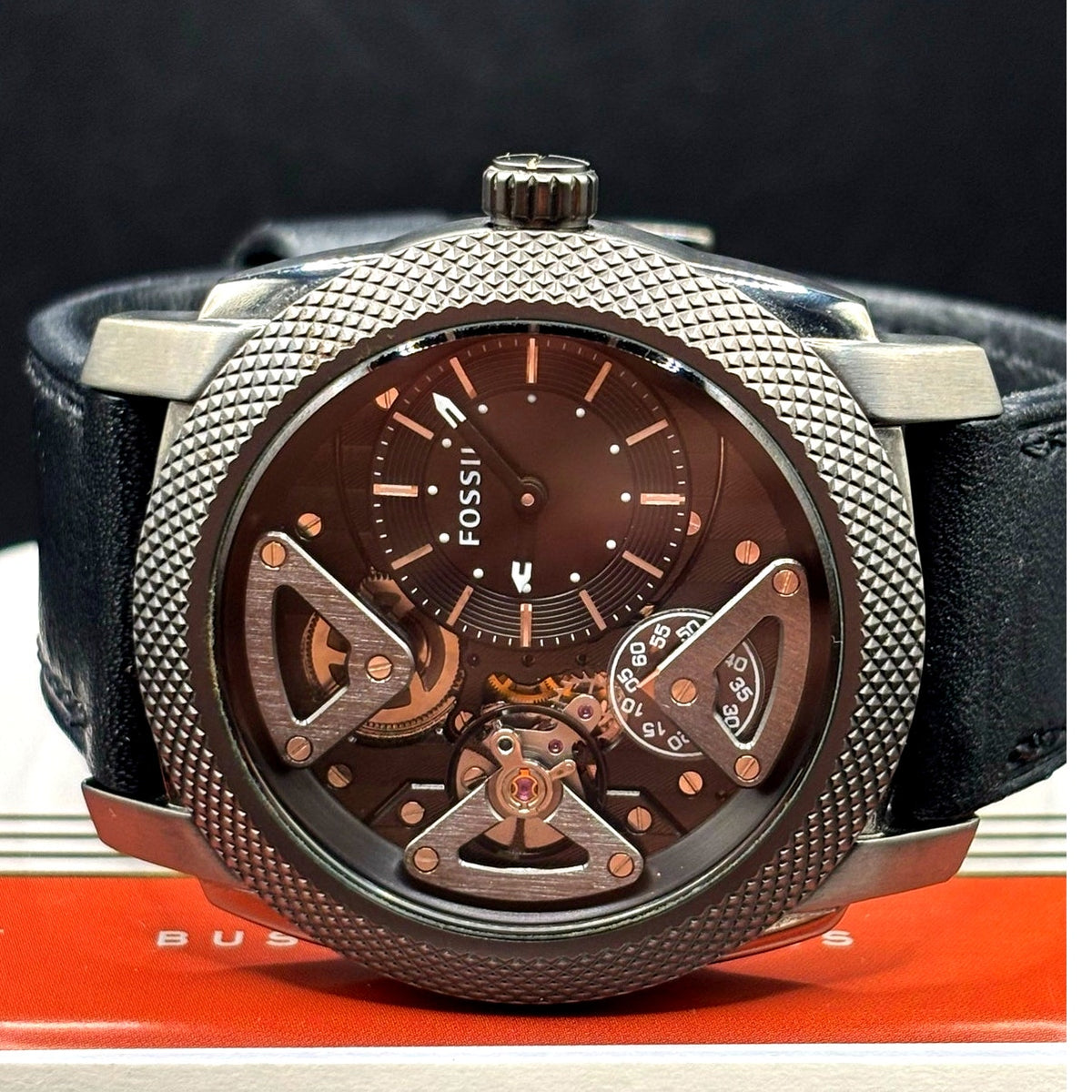 Fossil ME1129 Machine Twist Hybrid Smoke Gray Black Leather Men's Watch 45mm