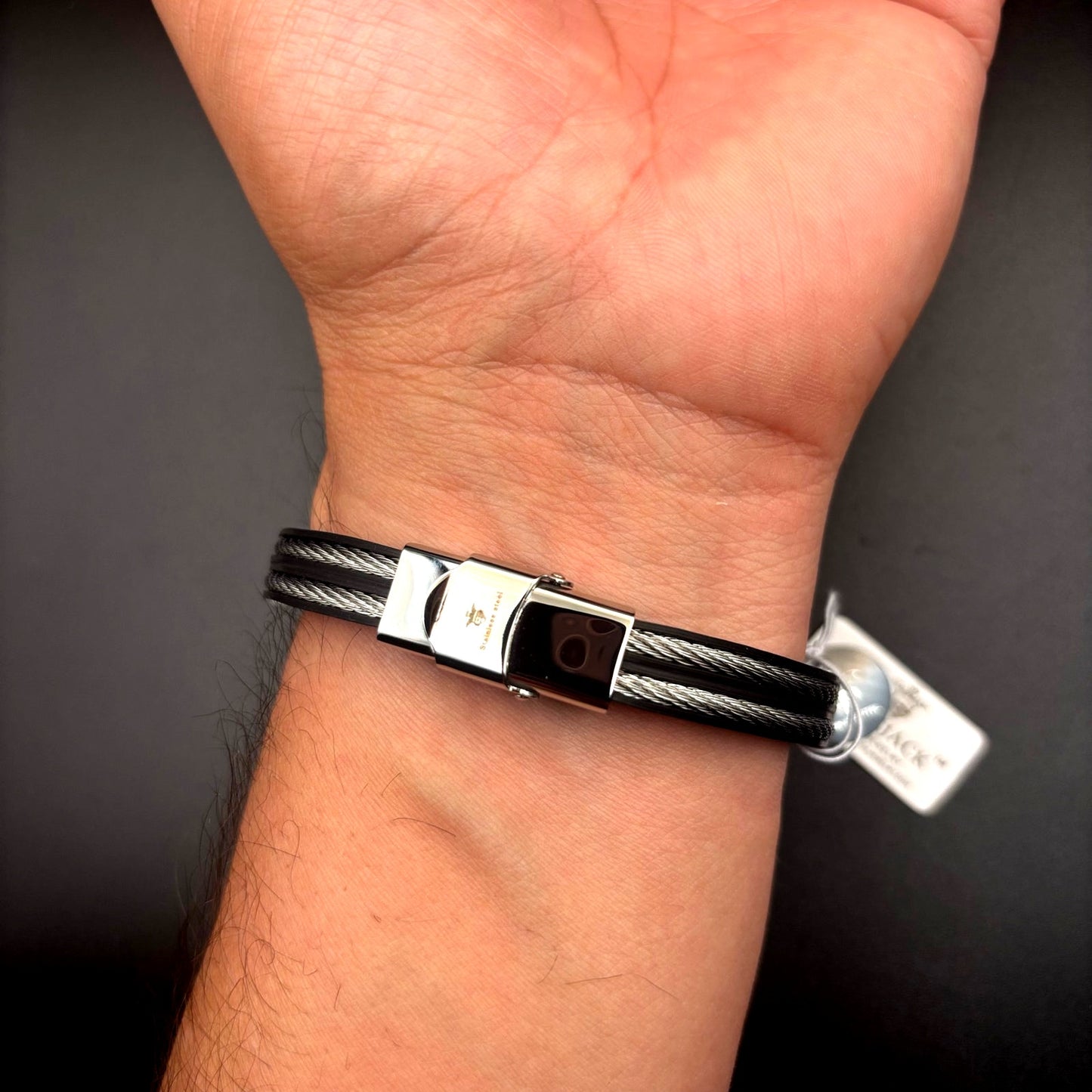 Blackjack BJB11G Mens Black Silicone Gold Stainless Steel Wire Bangle Bracelet